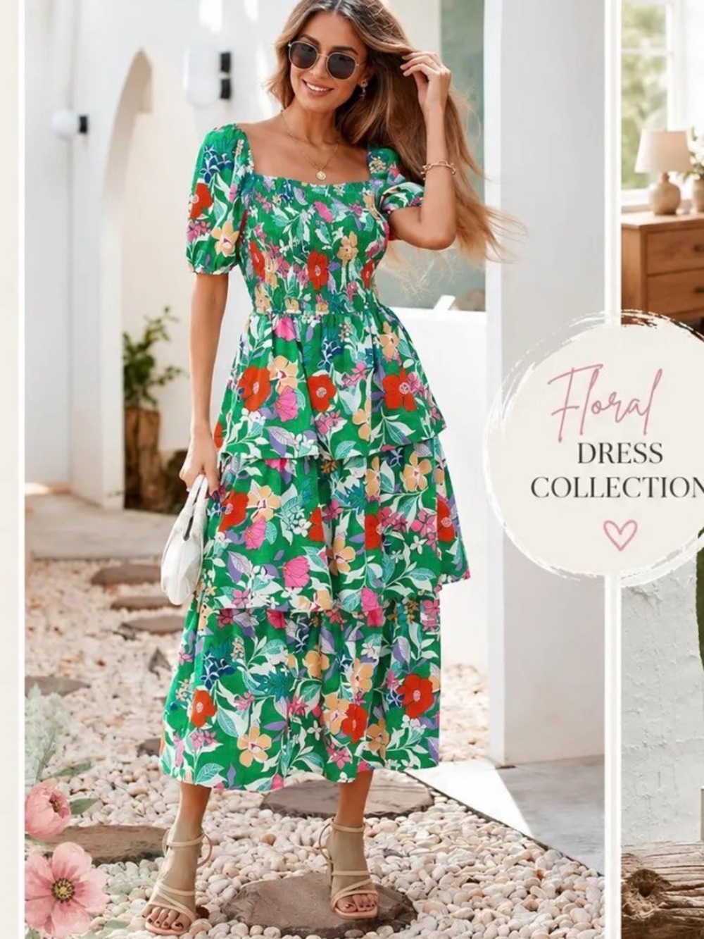 Green Floral Tiered Maxi Dress with Puff Sleeves